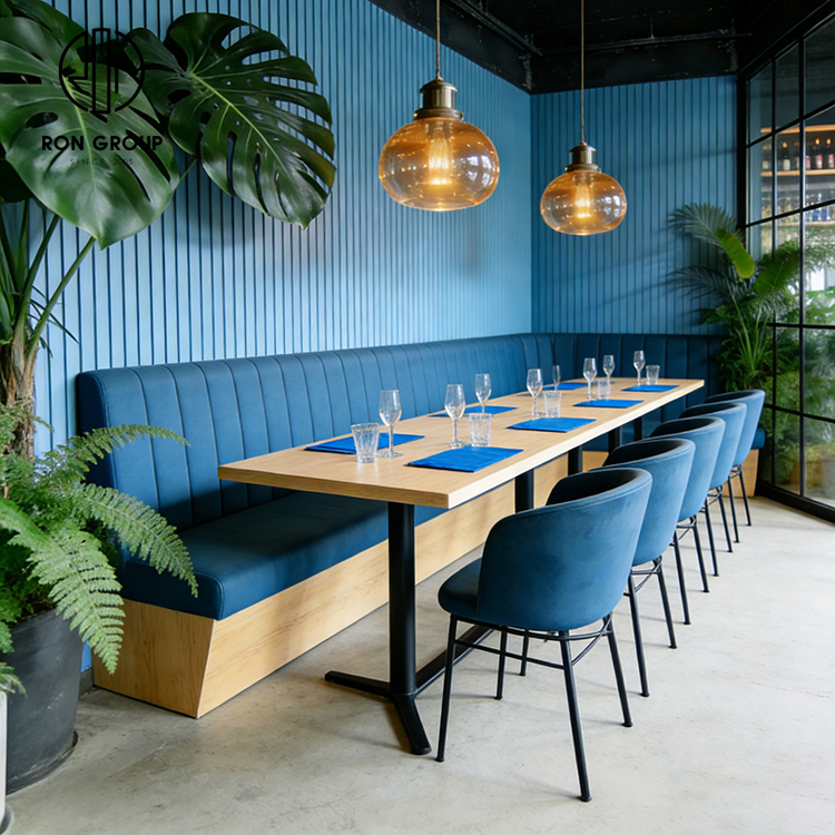 Modern Blue Double Restaurant Booth Seating Set with Wooden Tables and Dining Chairs