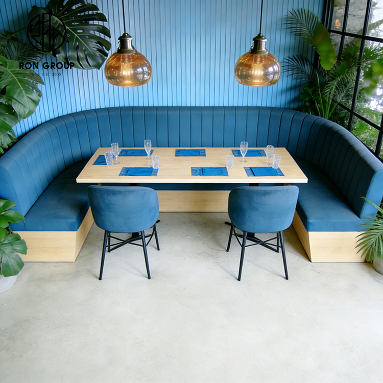 Modern Blue Double Restaurant Booth Seating Set with Wooden Tables and Dining Chairs