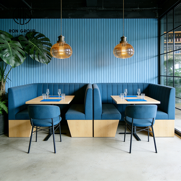 Modern Blue Double Restaurant Booth Seating Set with Wooden Tables and Dining Chairs