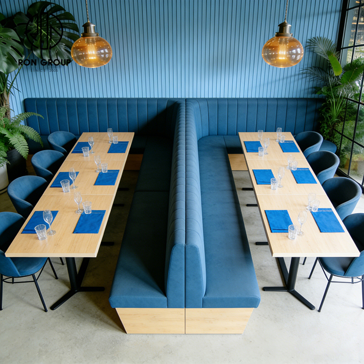 Modern Blue Double Restaurant Booth Seating Set with Wooden Tables and Dining Chairs