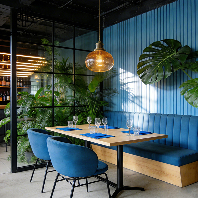 Modern Blue Double Restaurant Booth Seating Set with Wooden Tables and Dining Chairs