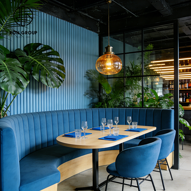 Modern Blue Double Restaurant Booth Seating Set with Wooden Tables and Dining Chairs