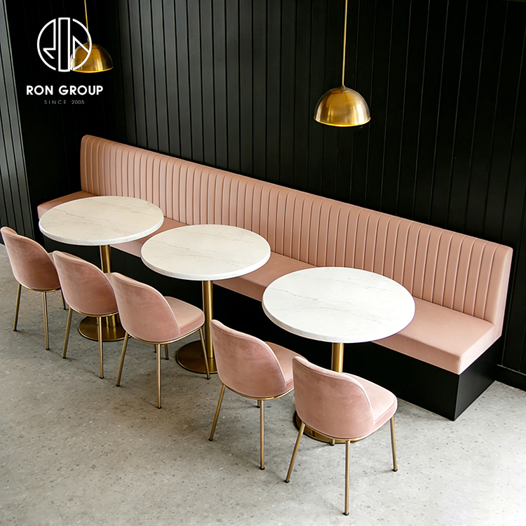 Modern Pink Restaurant Booth Seating Set with Round Marble Tables and Dining Chairs