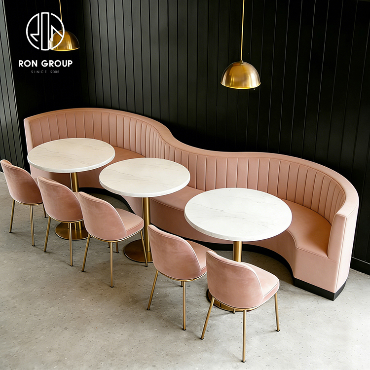 Modern Pink Restaurant Booth Seating Set with Round Marble Tables and Dining Chairs