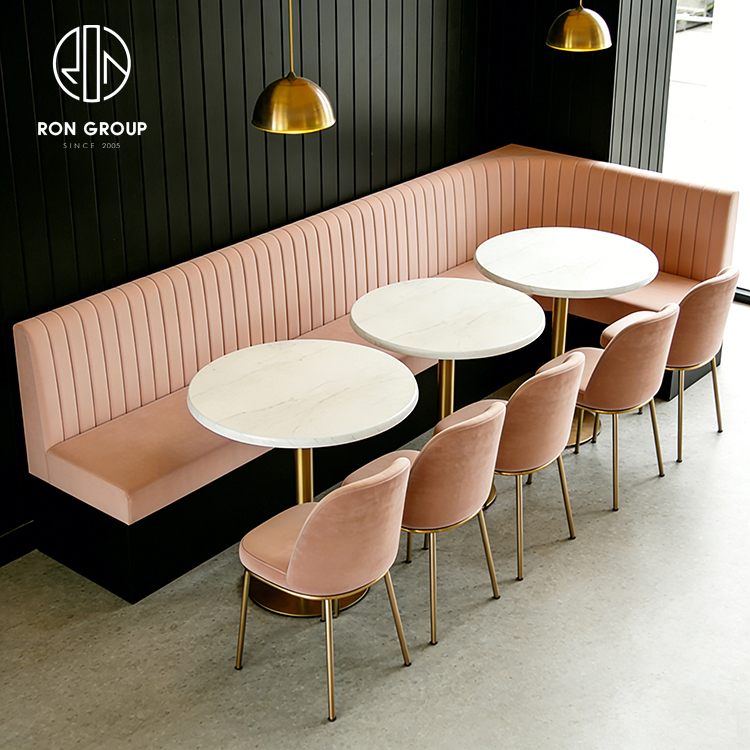 Modern Pink Restaurant Booth Seating Set with Round Marble Tables and Dining Chairs