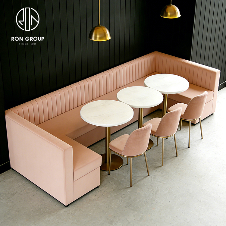 Modern Pink Restaurant Booth Seating Set with Round Marble Tables and Dining Chairs
