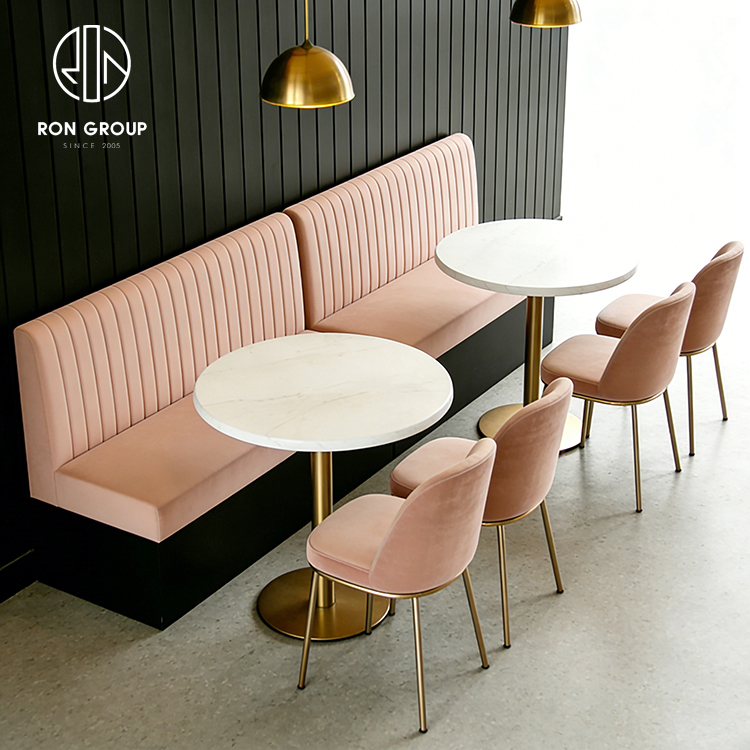 Modern Pink Restaurant Booth Seating Set with Round Marble Tables and Dining Chairs