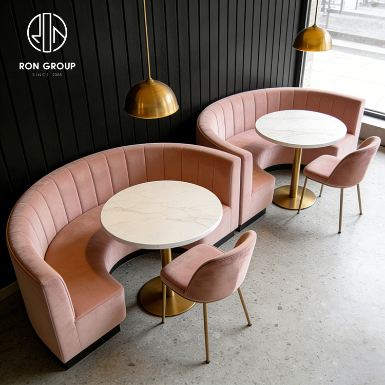 Modern Pink Restaurant Booth Seating Set with Round Marble Tables and Dining Chairs