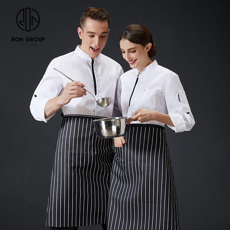Custom Printing Logo Breathable Washable Unisex Long Sleeve Waiter Waitress Uniform with Pocket Kitchen Coffee Shop Workwear