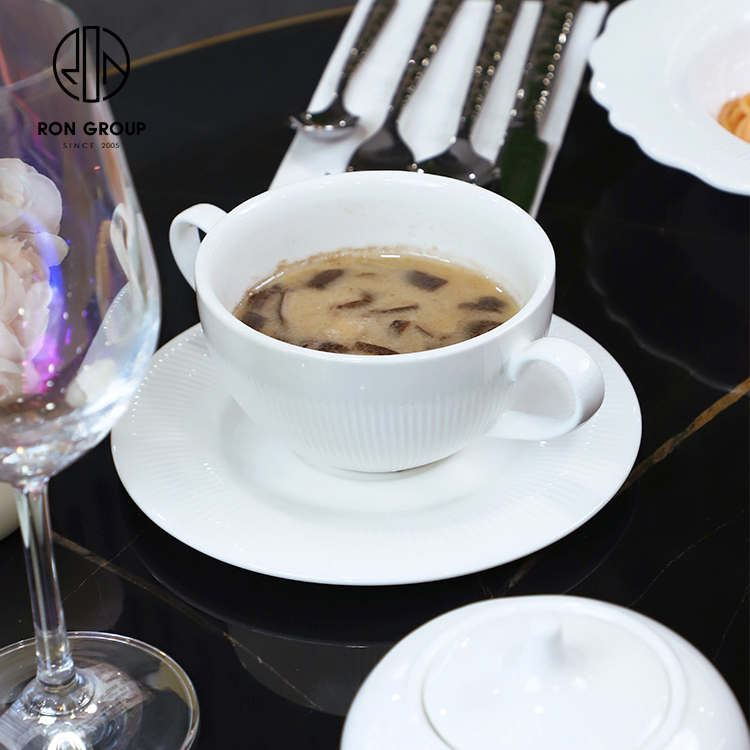 White Ceramic Two-Handle Soup Bowl with Saucer for Restaurant and Hotel Service