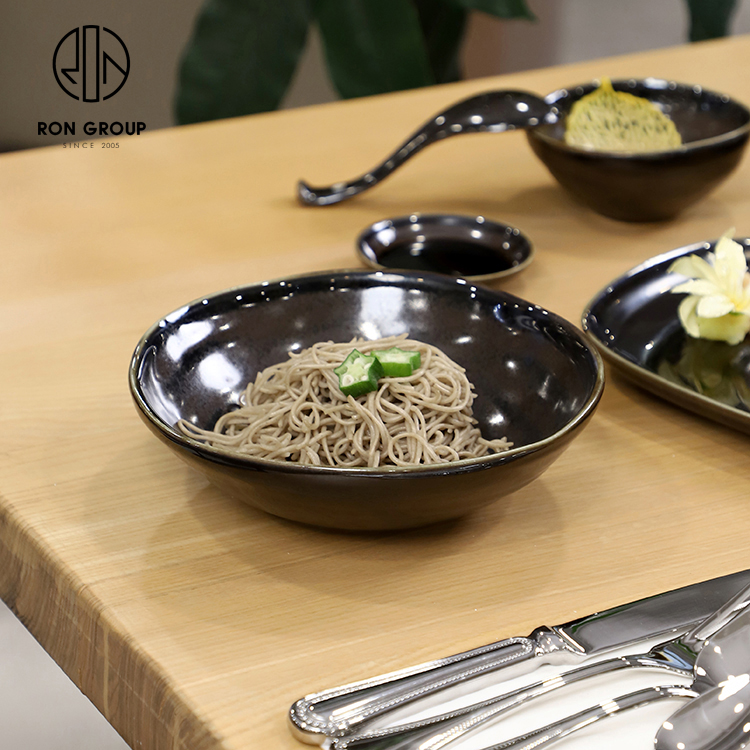 Irregular Glossy Black Ceramic Salad Bowl Set