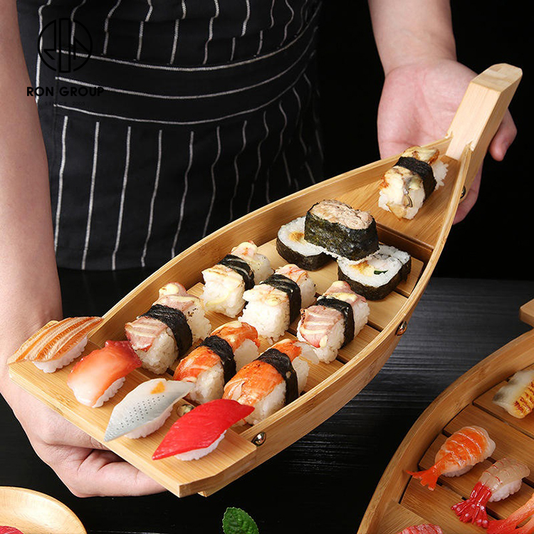 Natural Bamboo Sushi Boat Serving Tray — Japanese Style Wooden Display for Restaurants and Seafood Bars