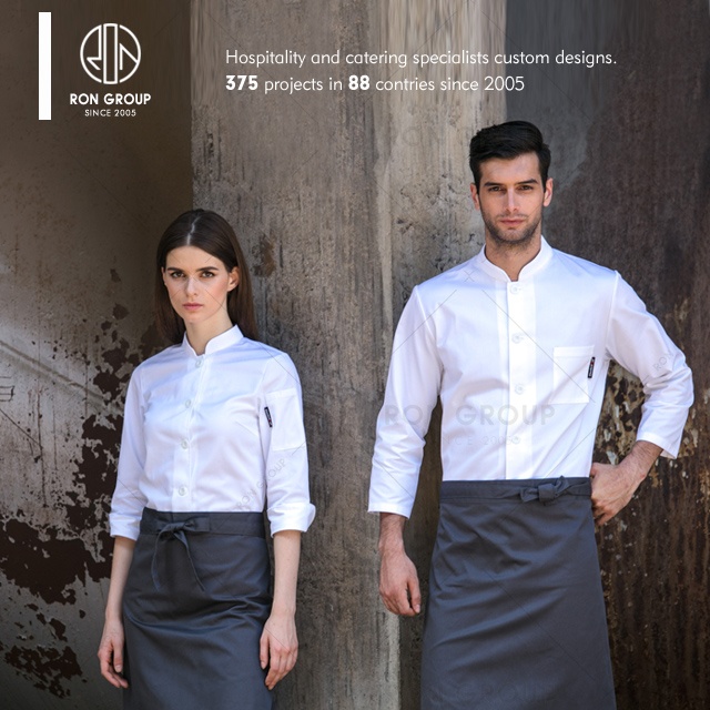 Custom restaurant hotel 50% cotton men and women fitted kitchen jacket white fabric long sleeves chef coat Italian chef uniform