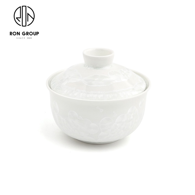 Hot Sales Custom Logo Banquet Restaurant Reusable Plain White Round Porcelain Dinnerware Rice Soup Cup Ceramic Cup with Lid