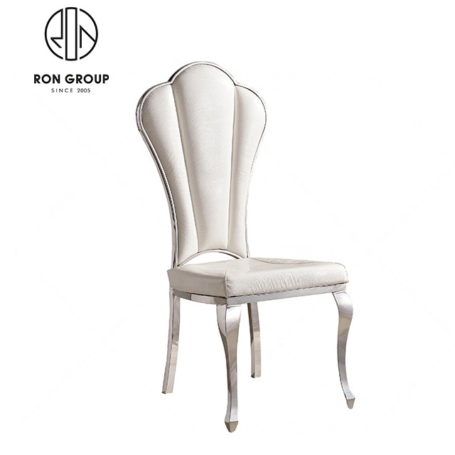 New Designs Hotel Wedding Dining Furniture Leather Pu White Color Cushion Stainless Steel Metal Legs Sliver Frame Banquet Chair