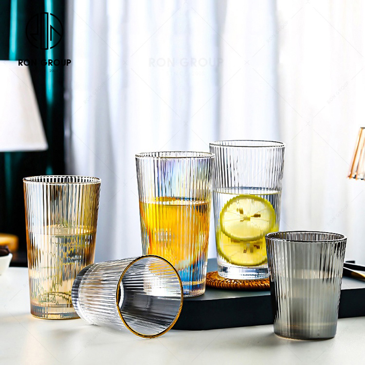 Wholesale Reusable Clear Vertical Lines Vintage Gold Rim Thick Pattern Glassware Whiskey Glass For Wedding
