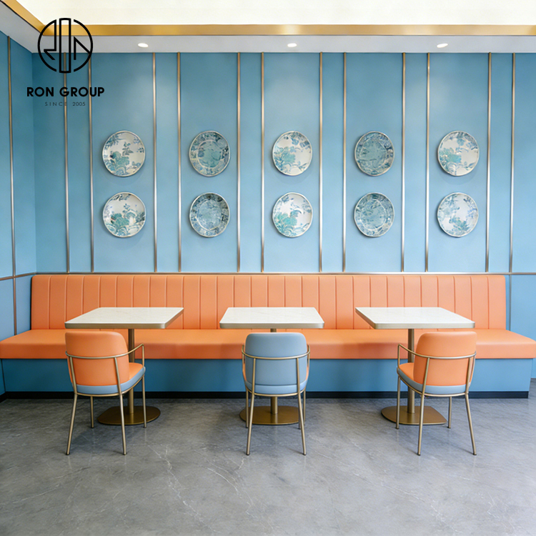 Modern Orange Restaurant Booth Seating Set with Marble Tables and Dining Chairs