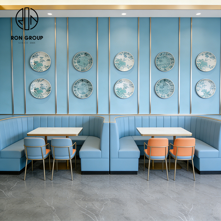 Modern Orange Restaurant Booth Seating Set with Marble Tables and Dining Chairs