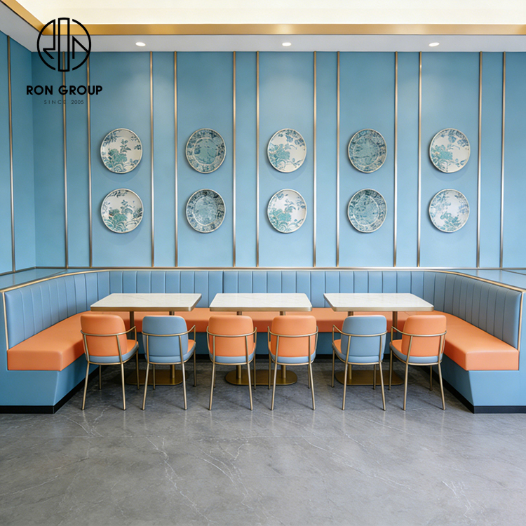 Modern Orange Restaurant Booth Seating Set with Marble Tables and Dining Chairs