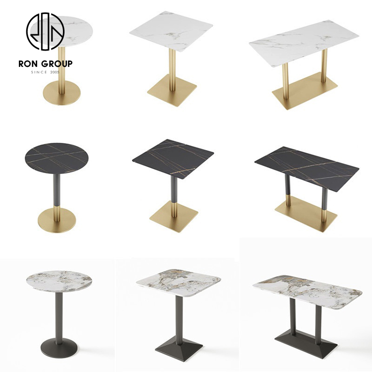Elegant restaurant cafe shop use luxury marble slate top stainless steel round gold edge frame dining table set