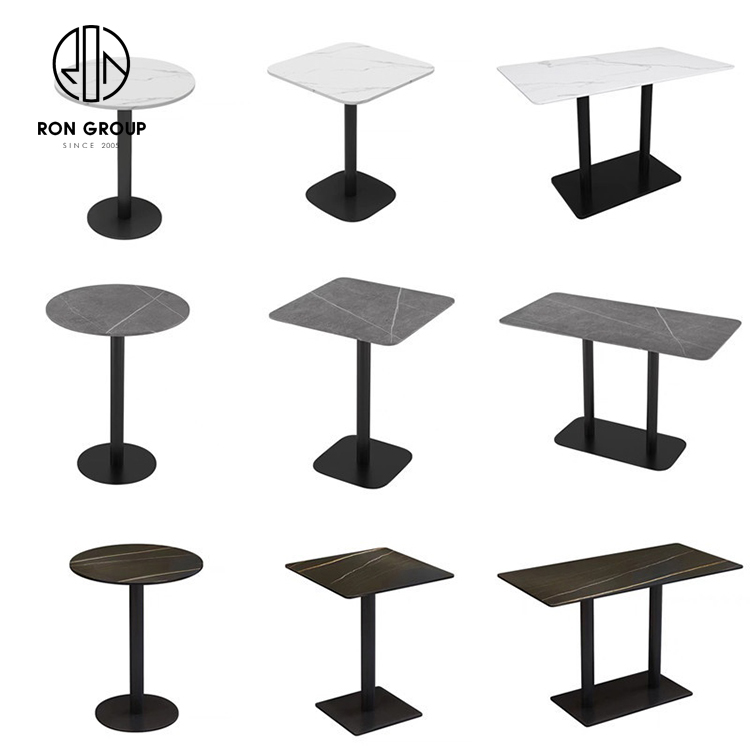 Elegant restaurant cafe shop use luxury marble slate top stainless steel round gold edge frame dining table set