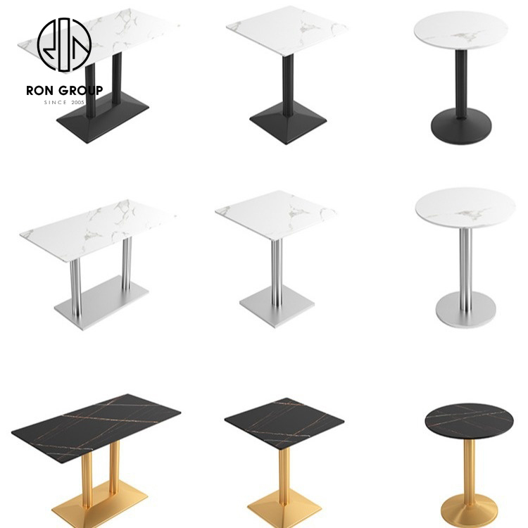Elegant restaurant cafe shop use luxury marble slate top stainless steel round gold edge frame dining table set