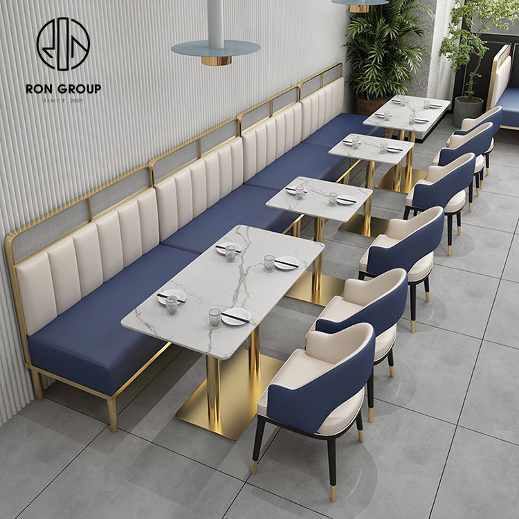 Elegant restaurant cafe shop use luxury marble slate top stainless steel round gold edge frame dining table set