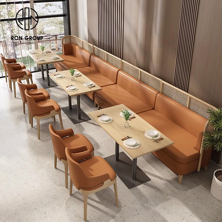 Square coffee shop fast food commercial cafe wood leather restaurant sofa bench furniture table and chairs booth seating set