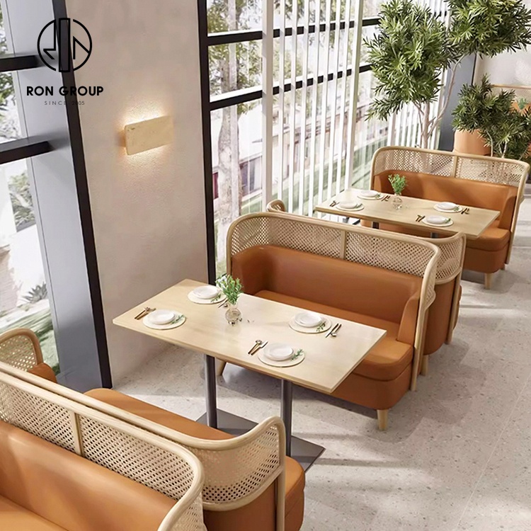 Square coffee shop fast food commercial cafe wood leather restaurant sofa bench furniture table and chairs booth seating set