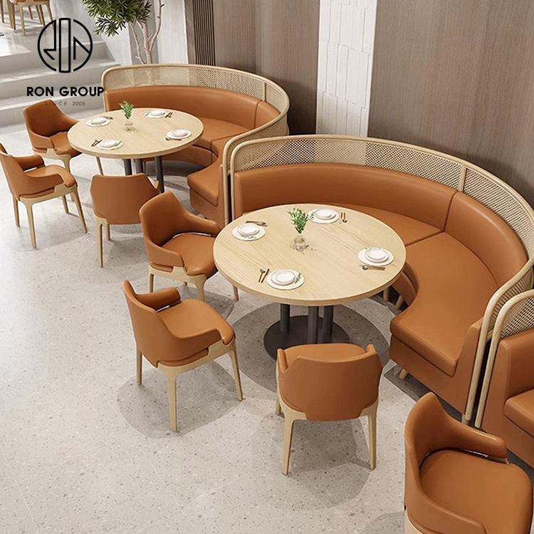 Square coffee shop fast food commercial cafe wood leather restaurant sofa bench furniture table and chairs booth seating set