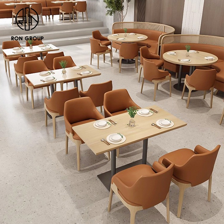 Square coffee shop fast food commercial cafe wood leather restaurant sofa bench furniture table and chairs booth seating set