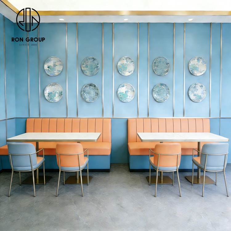 Modern Orange Restaurant Booth Seating Set with Marble Tables and Dining Chairs