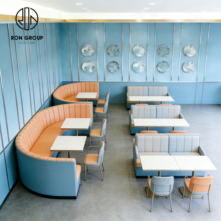 Modern Orange Restaurant Booth Seating Set with Marble Tables and Dining Chairs