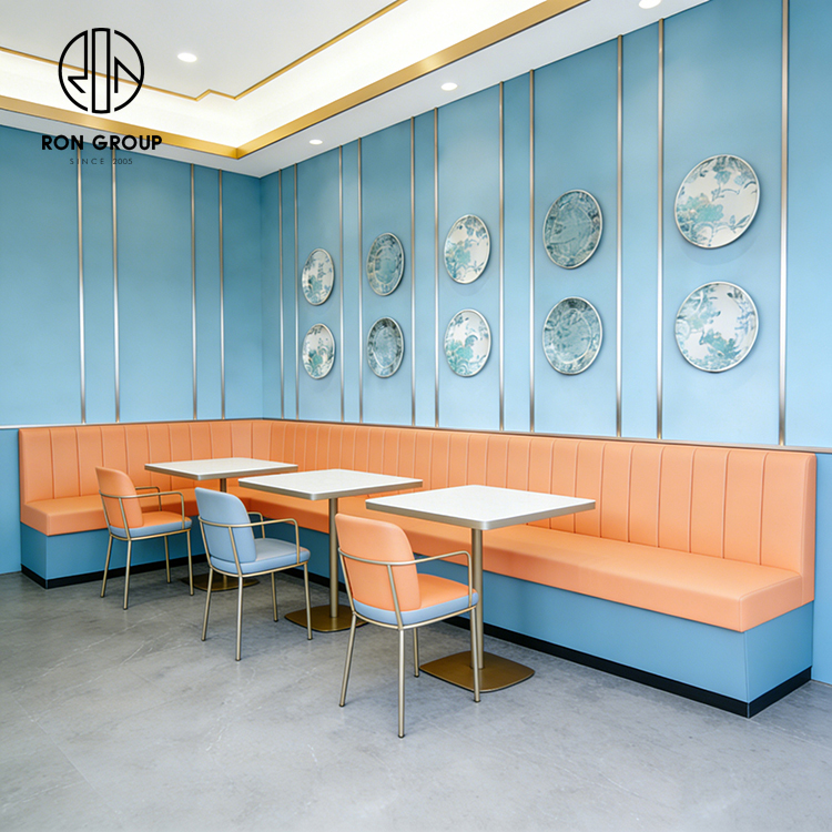 Modern Orange Restaurant Booth Seating Set with Marble Tables and Dining Chairs