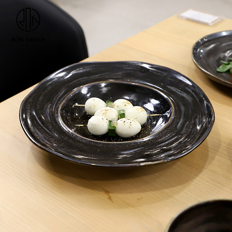 Irregular Black Ceramic Wide Rim Dinner Plate