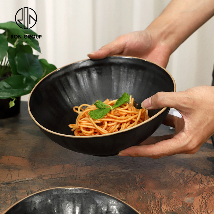 Textured Matte Black Porcelain Pasta Salad Bowl