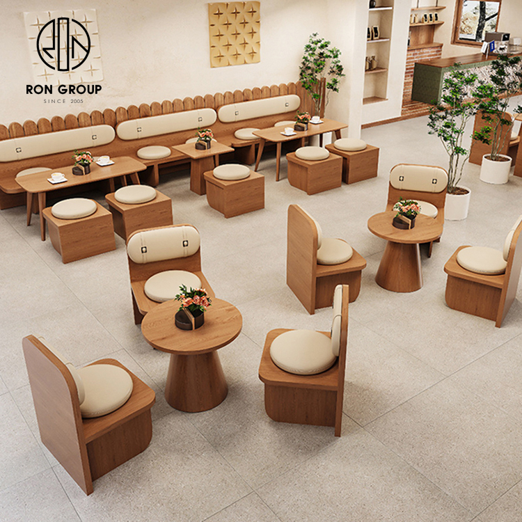 Japandi Wood Booth Bench Seating Set With Back Cushions Tables And Round Stools For Cafes
