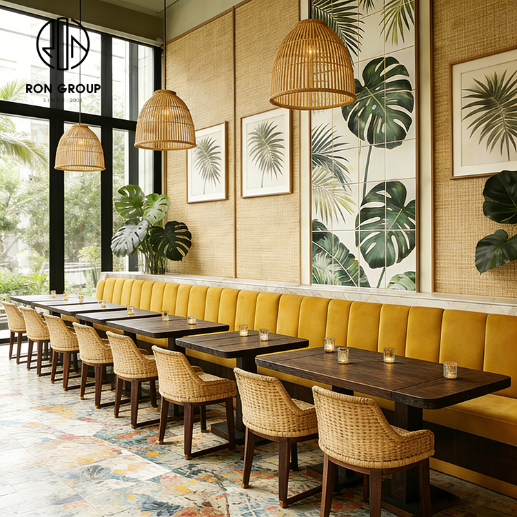 Tropical Yellow Restaurant Booth Seating Set with Wooden Tables and Rattan Dining Chairs