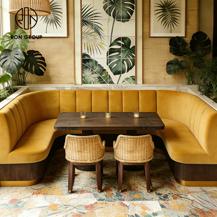 Tropical Yellow Restaurant Booth Seating Set with Wooden Tables and Rattan Dining Chairs