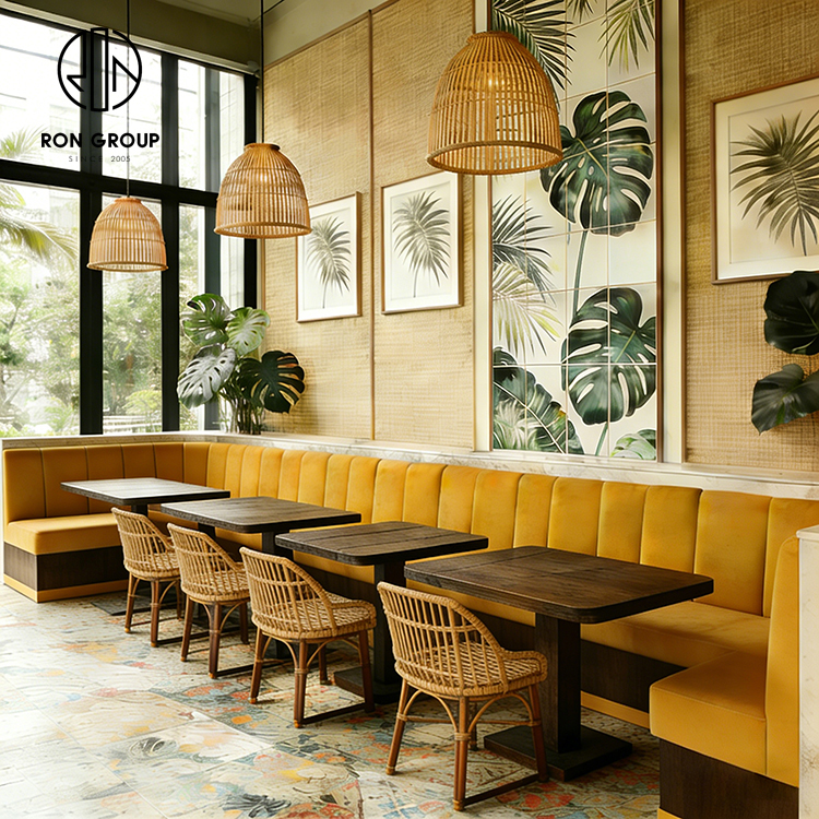 Tropical Yellow Restaurant Booth Seating Set with Wooden Tables and Rattan Dining Chairs