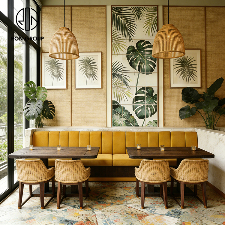 Tropical Yellow Restaurant Booth Seating Set with Wooden Tables and Rattan Dining Chairs
