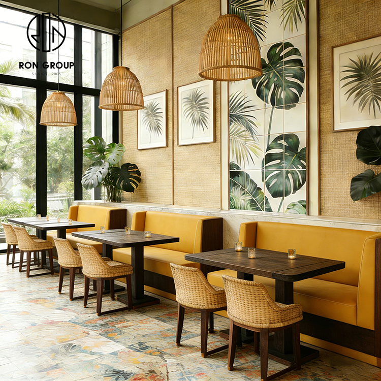Tropical Yellow Restaurant Booth Seating Set with Wooden Tables and Rattan Dining Chairs