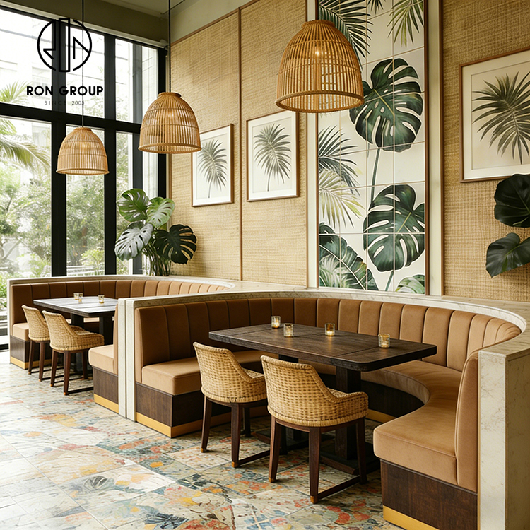Tropical Yellow Restaurant Booth Seating Set with Wooden Tables and Rattan Dining Chairs