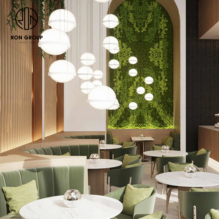 Modern Green Velvet Curved Booth Seating Set With Round Marble Tables And Cafe Chairs