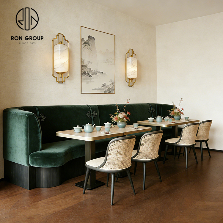 Modern Green Velvet Curved Restaurant Booth Seating Set with Wooden Tables and Rattan Chairs