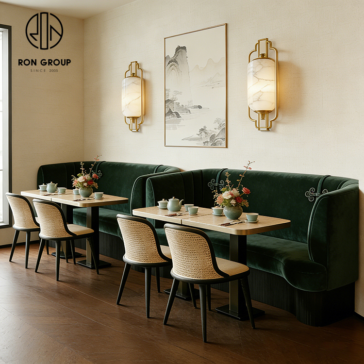 Modern Green Velvet Curved Restaurant Booth Seating Set with Wooden Tables and Rattan Chairs