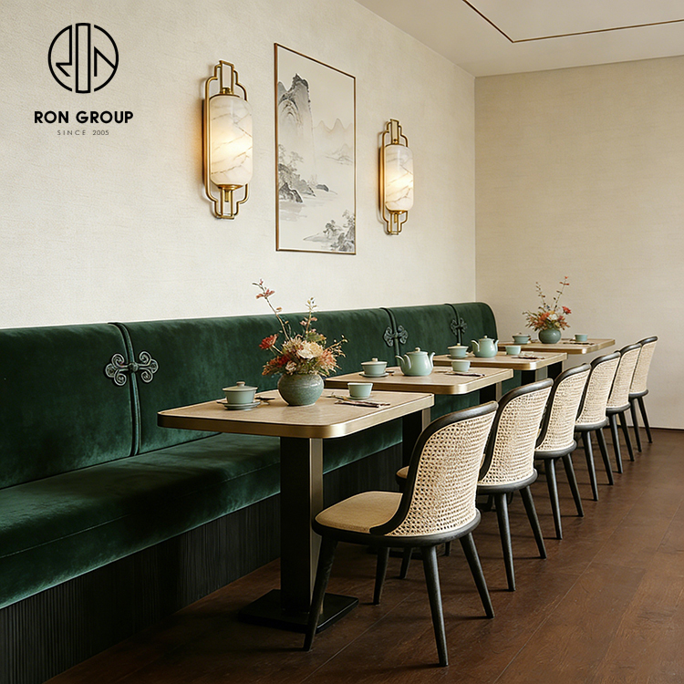 Modern Green Velvet Curved Restaurant Booth Seating Set with Wooden Tables and Rattan Chairs