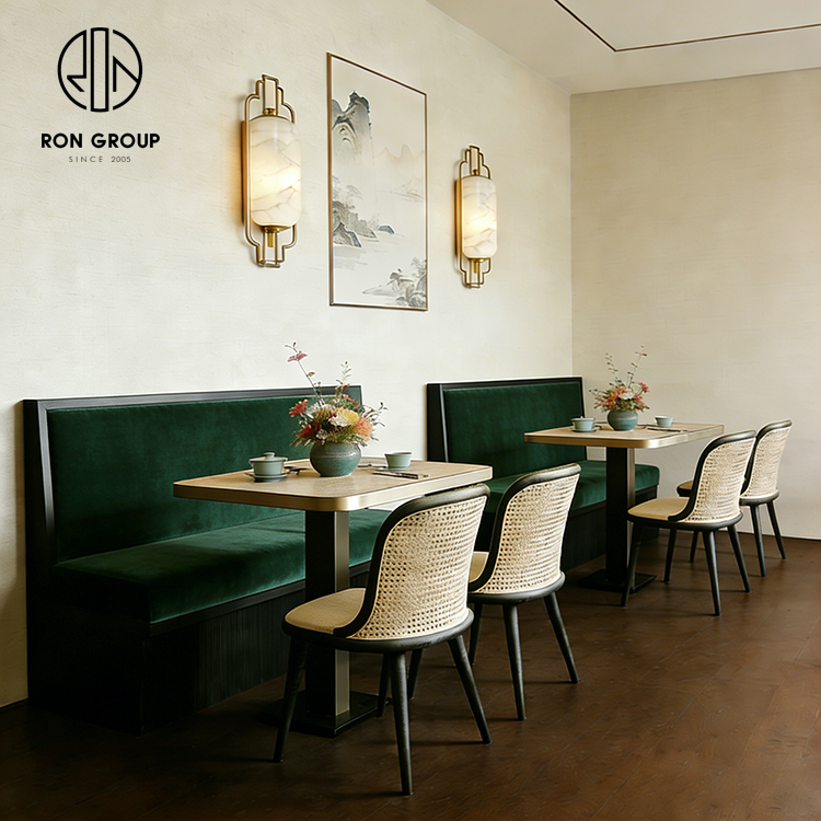 Modern Green Velvet Curved Restaurant Booth Seating Set with Wooden Tables and Rattan Chairs