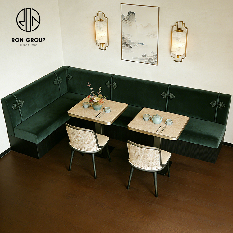 Modern Green Velvet Curved Restaurant Booth Seating Set with Wooden Tables and Rattan Chairs