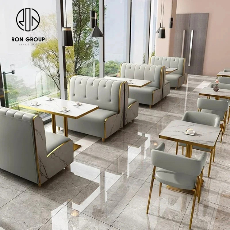 Luxury Marble Look Booth Seating Set With Gold Base Tables And Upholstered Chairs For Cafes
